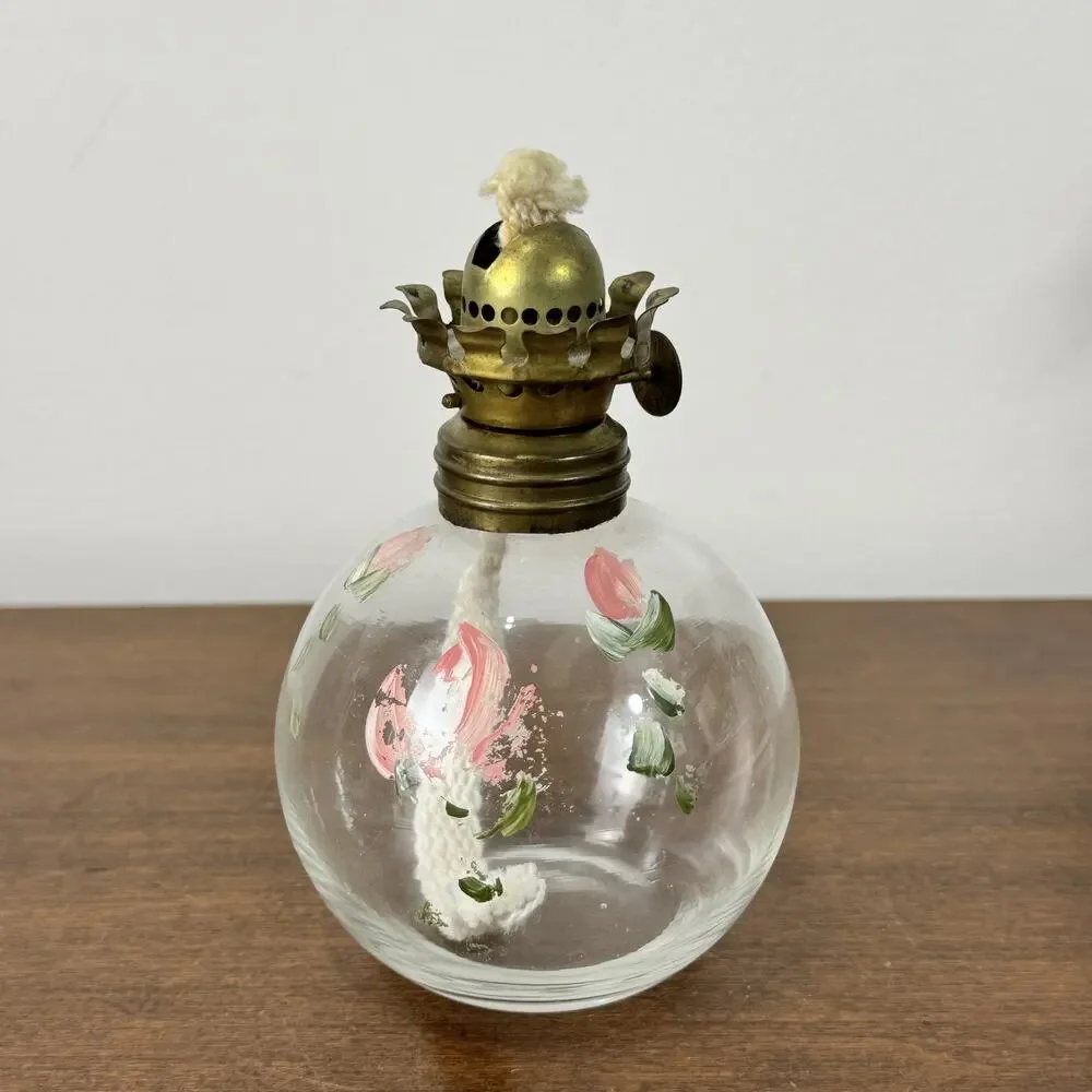 Vintage T.M. Co. NY Miniature Oil Lamp Clear Glass Hand Painted Floral Brass